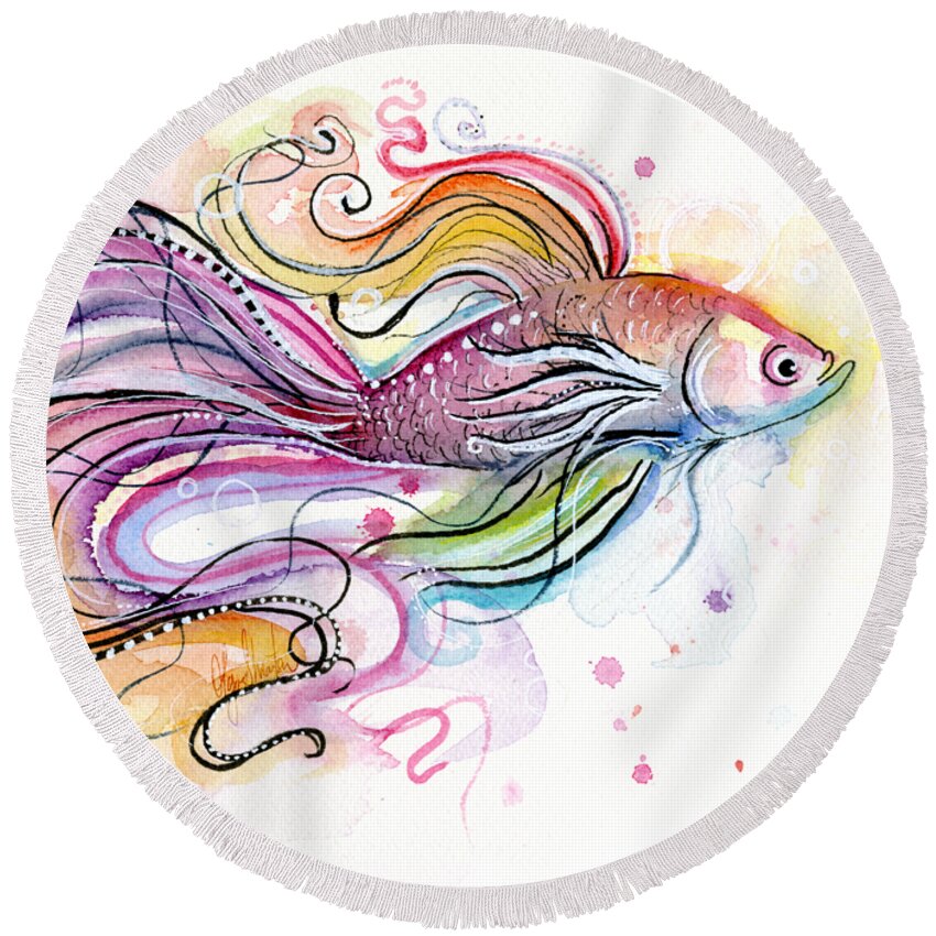 Fish Round Beach Towel featuring the painting Betta Fish Watercolor by Olga Shvartsur