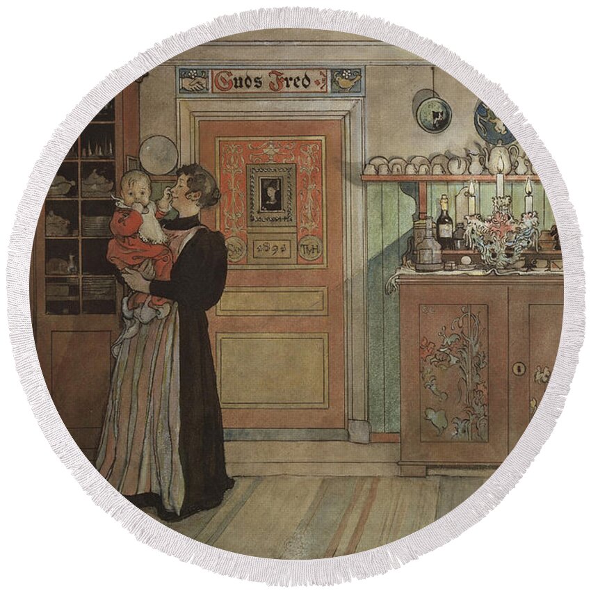 Carl Larsson Round Beach Towel featuring the drawing Between Christmas and New Year. From A Home by Carl Larsson
