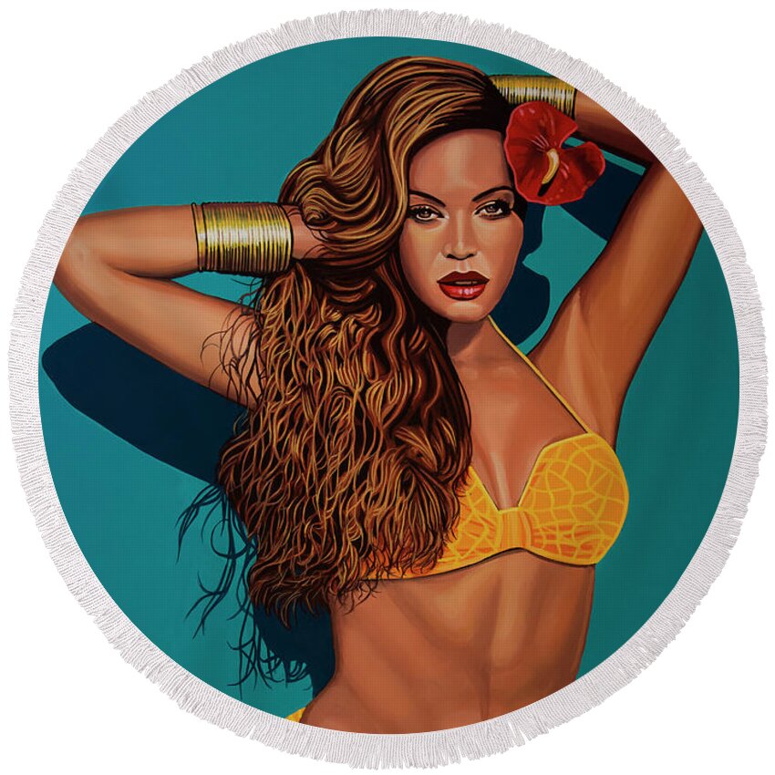 Beyonce Round Beach Towel featuring the painting Beyonce 2 by Paul Meijering