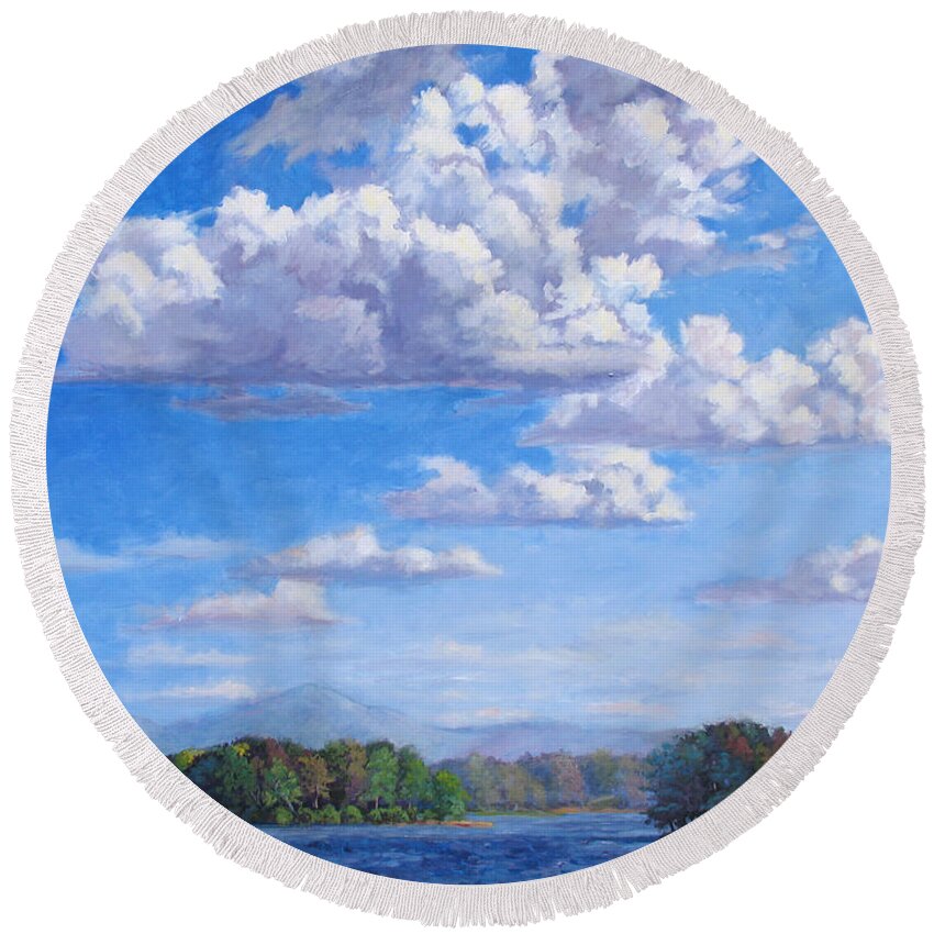 Smith Mountain Lake Round Beach Towel featuring the painting Beyond The Lake by L Diane Johnson