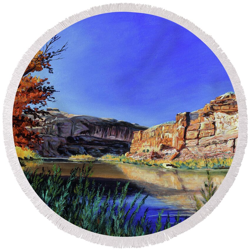 T L Round Beach Towel featuring the painting Big Bend on the Colorado by Timithy L Gordon