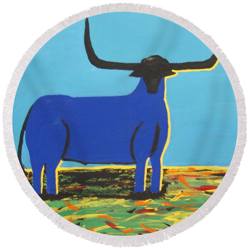 Pop Art Round Beach Towel featuring the painting Big Blue Bull by Jeffrey Koss