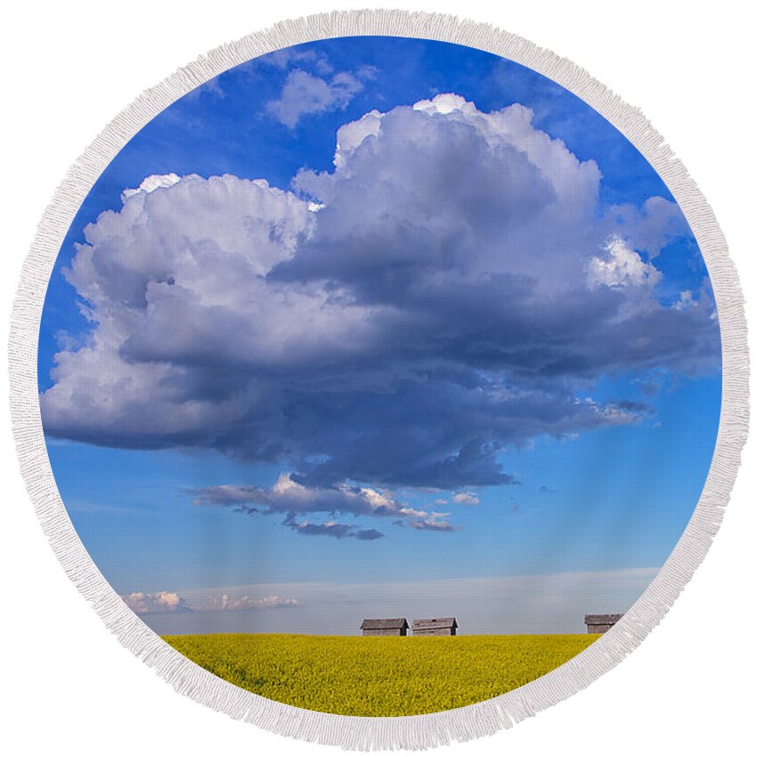 Canola Round Beach Towel featuring the photograph Big Clouds by Bill Cubitt