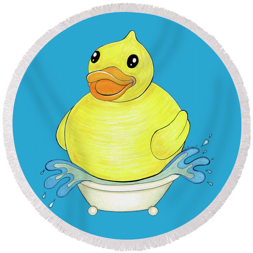 Big Duck Round Beach Towel featuring the drawing Big Happy Rubber Duck by Shawna Rowe