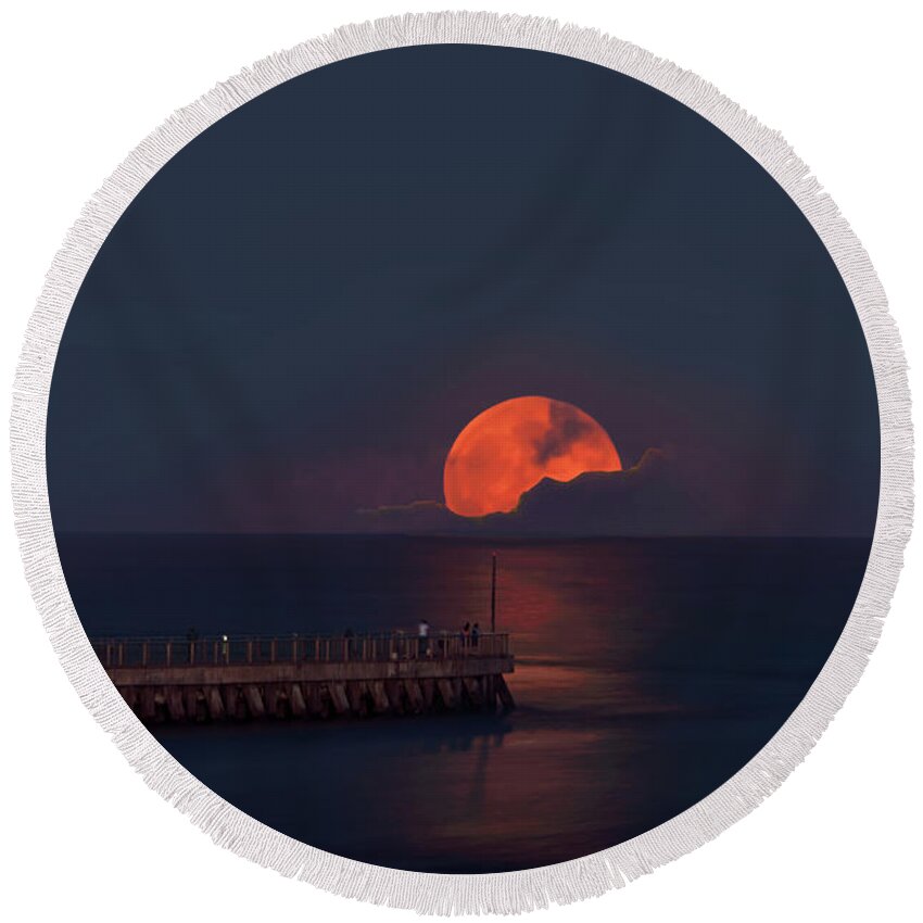 Delray Round Beach Towel featuring the photograph Big Orange Moon Boynton Inlet by Ken Figurski