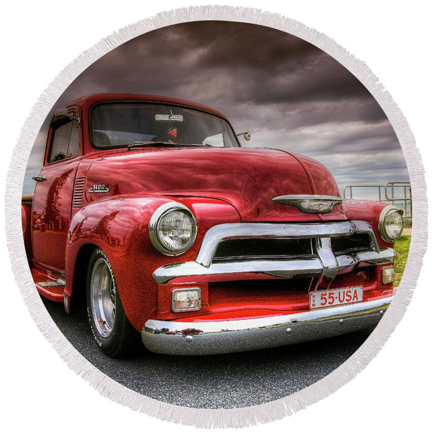Chevrolet Pickup Round Beach Towel featuring the digital art Big red 55 by Kevin Chippindall