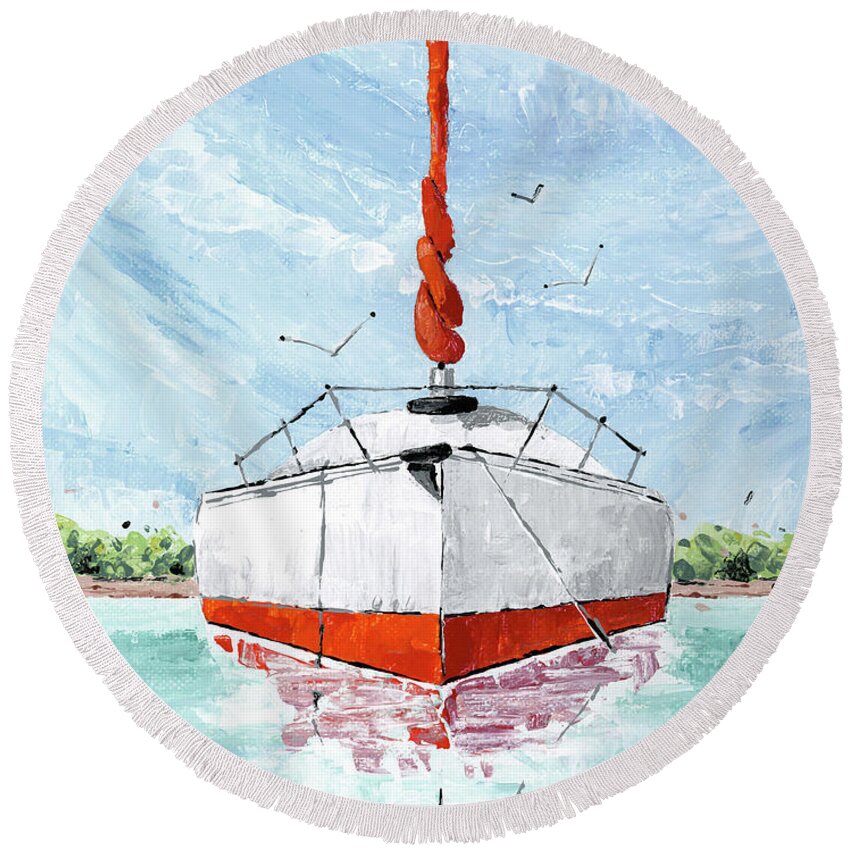Boat Round Beach Towel featuring the painting Big Red by Annie Troe