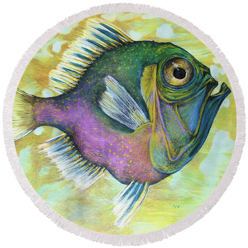 Big Eye Fish Round Beach Towel featuring the mixed media Big Yellow Eye by AnneMarie Welsh
