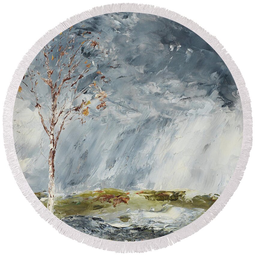 Birch Round Beach Towel featuring the painting Birch In Autumn by August Strindberg 1902 by Movie Poster Prints