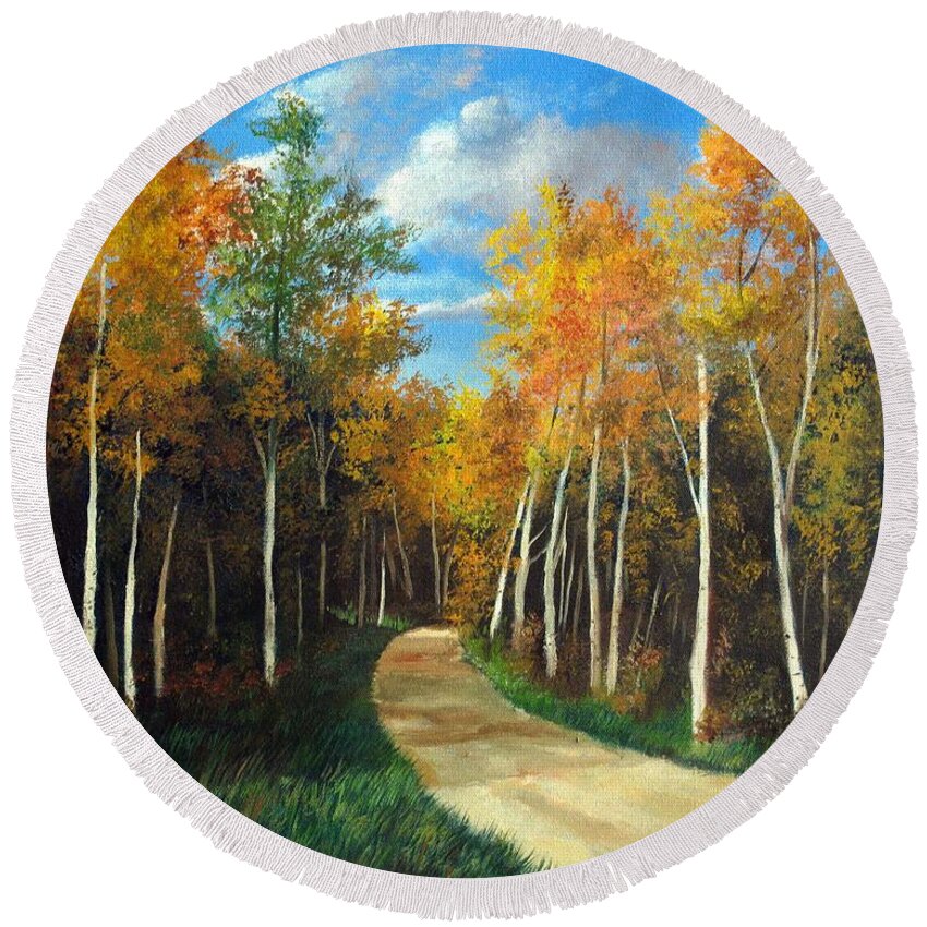 Birch Round Beach Towel featuring the painting Birch Trees along the Country Road by Christopher Shellhammer