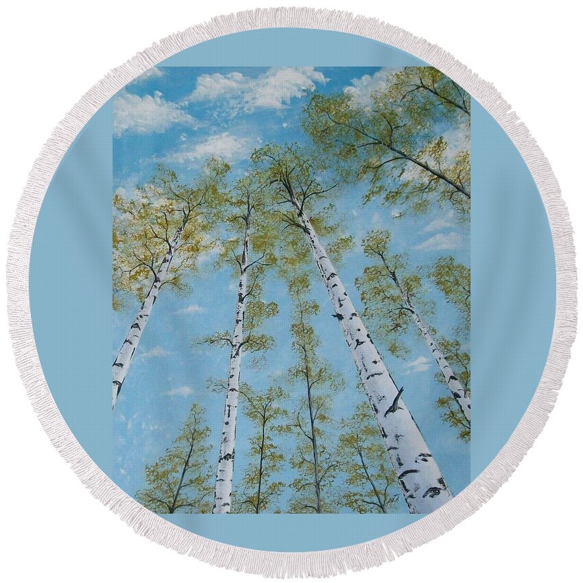 Original Birch Trees Acrylic Round Beach Towel featuring the painting Birch Trees and Sky by Georgeta Blanaru