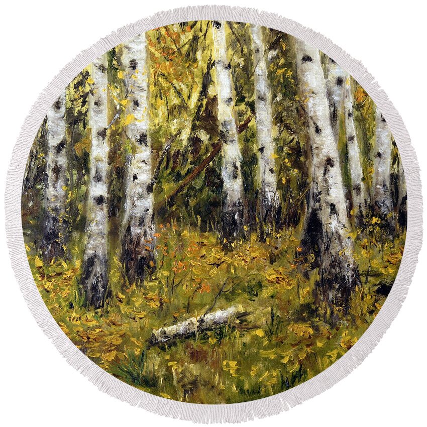 Landscape Round Beach Towel featuring the painting Birches by Arturas Slapsys