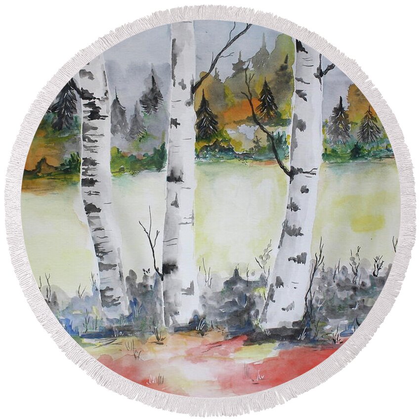 Birch Round Beach Towel featuring the painting Birches by Barbara Teller