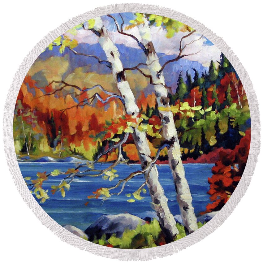 Art Round Beach Towel featuring the painting Birches by the lake by Richard T Pranke