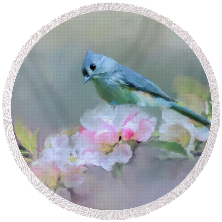 Bird Round Beach Towel featuring the photograph Bird and Blossoms by Cathy Kovarik