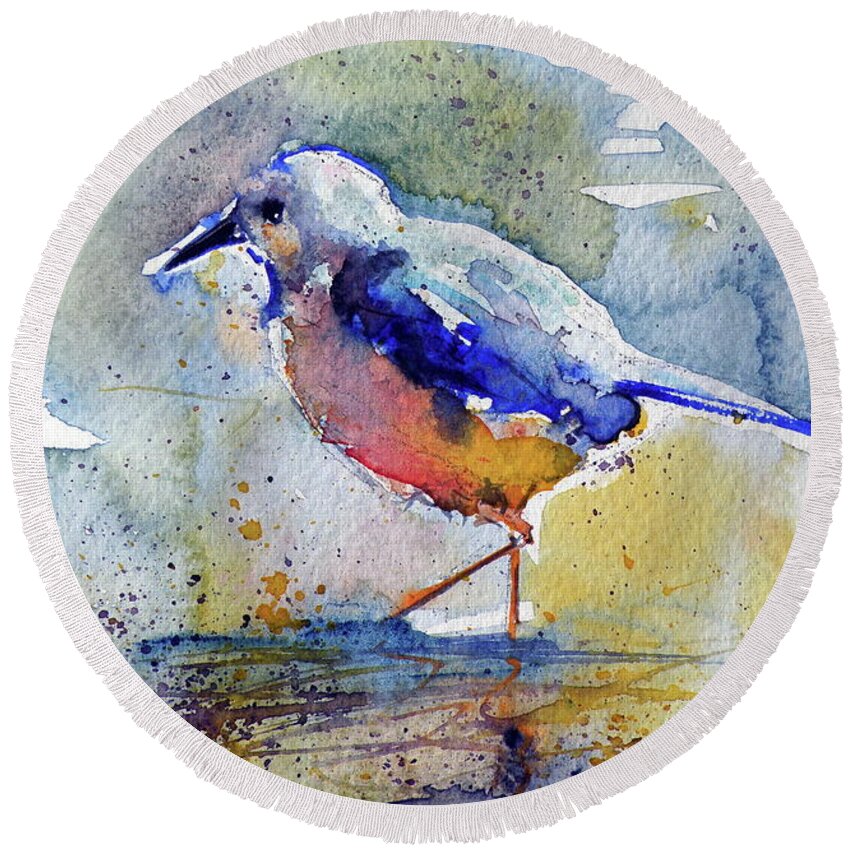 Colorful Round Beach Towel featuring the painting Bird in lake by Kovacs Anna Brigitta