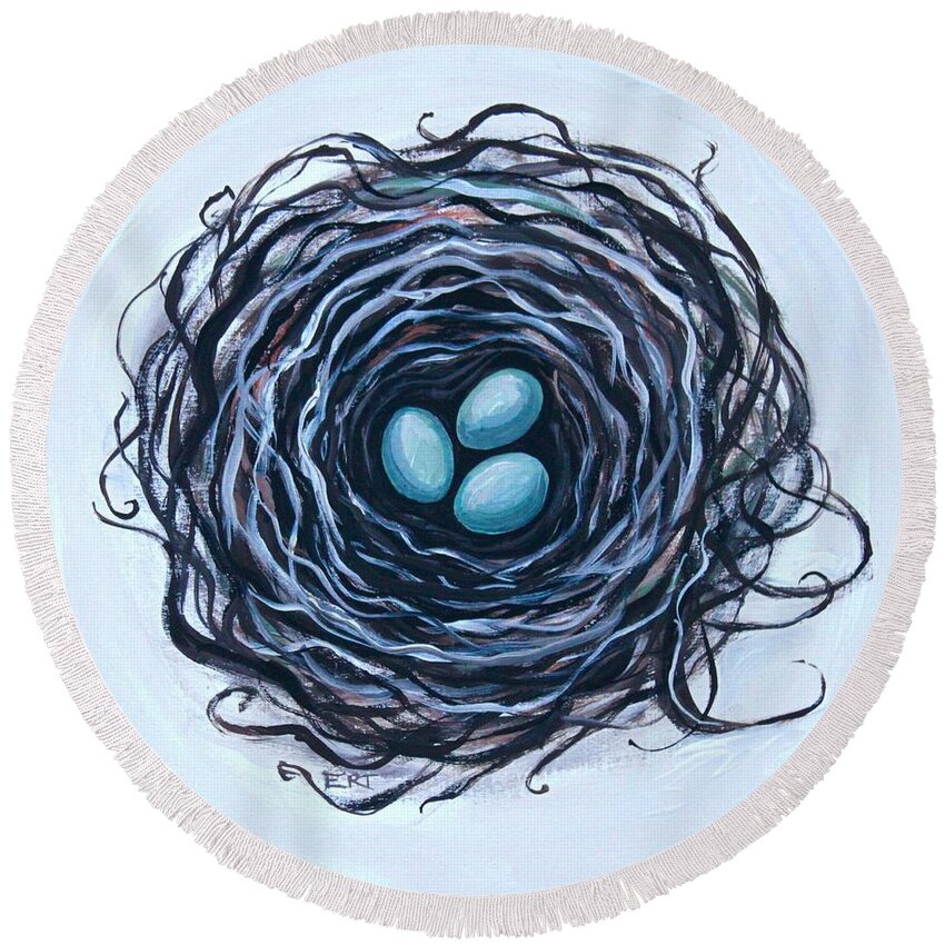 Bird Nest Round Beach Towel featuring the painting Bird Nest and Eggs by Elizabeth Robinette Tyndall
