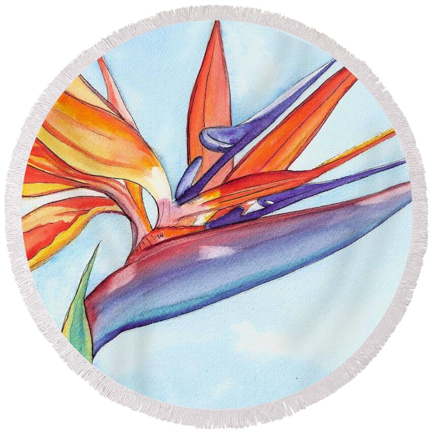 Bird Of Paradise Round Beach Towel featuring the painting Bird of Paradise III by Marionette Taboniar