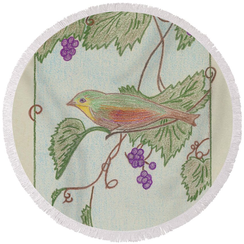 Portrait Round Beach Towel featuring the drawing Bird on a Vine V2 by Donna L Munro