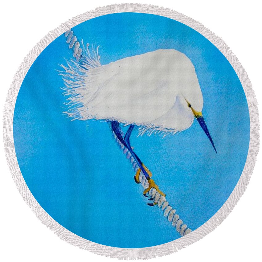 Blue Round Beach Towel featuring the painting Bird on a Wire by Midge Pippel