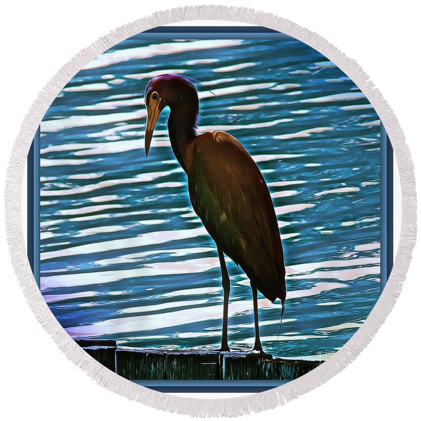 Bird Round Beach Towel featuring the photograph Bird on Blue by Leslie Revels