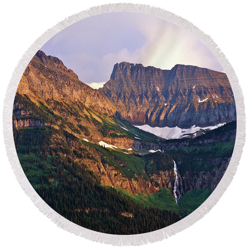 Glacier National Park Round Beach Towel featuring the photograph Bird Woman Falls Sunset by Ed Riche
