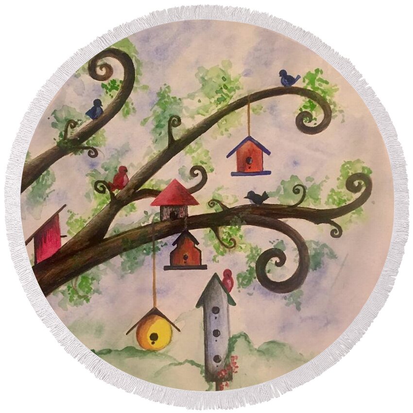 Birdhouse Round Beach Towel featuring the painting Birdhouses by Vikki Angel