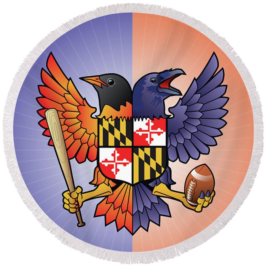 Birdland Round Beach Towel featuring the digital art Birdland Baltimore Raven and Oriole Maryland Crest by Joe Barsin