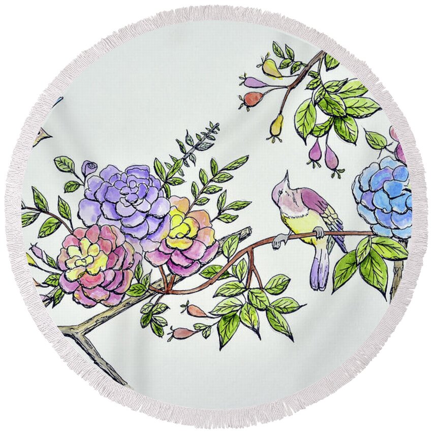 Linda Brody Round Beach Towel featuring the painting Birds and Roses I by Linda Brody