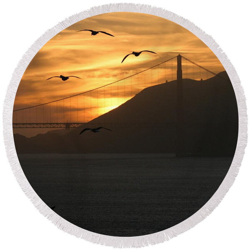 Golden Gate Bridge Round Beach Towel featuring the photograph Birds by the Bay by Jeff Floyd CA