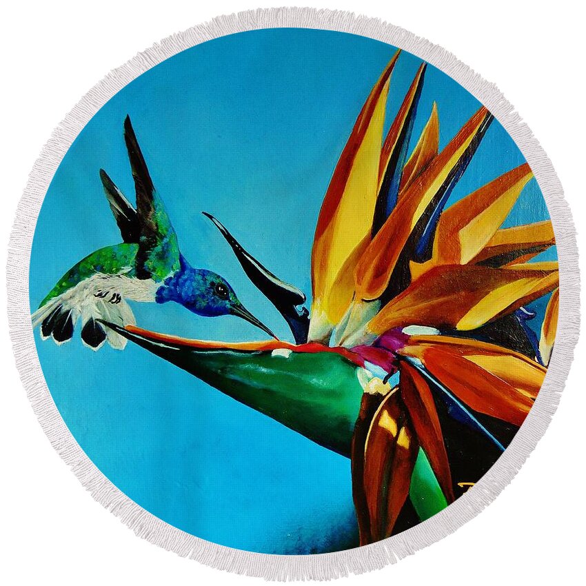 Birds Round Beach Towel featuring the painting Birds of Paradise with White necked Jacobin hummingbird by Dana Newman
