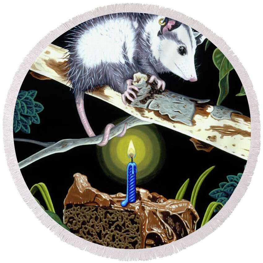 Opossum Round Beach Towel featuring the painting Birthday Surprise by Paxton Mobley