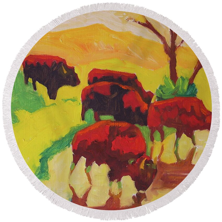 Bison Art Round Beach Towel featuring the painting Bison Art Bison Crossing Stream Yellow Hill painting Bertram Poole by Thomas Bertram POOLE