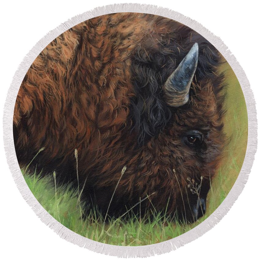 Bison Round Beach Towel featuring the painting Bison Grazing by David Stribbling