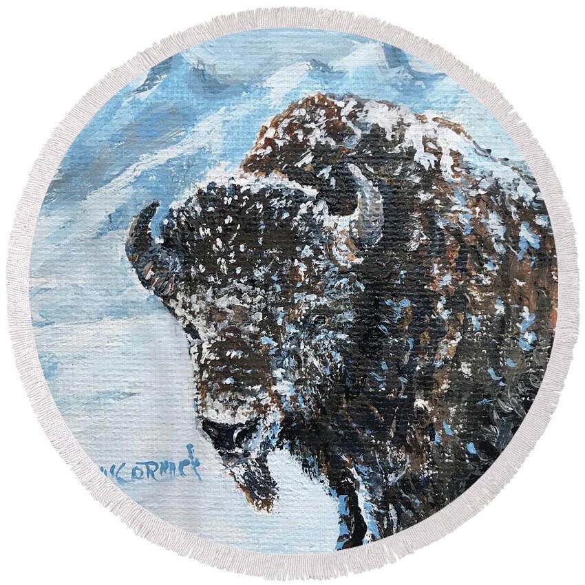 Bison Round Beach Towel featuring the painting Bison of the Tetons by ML McCormick