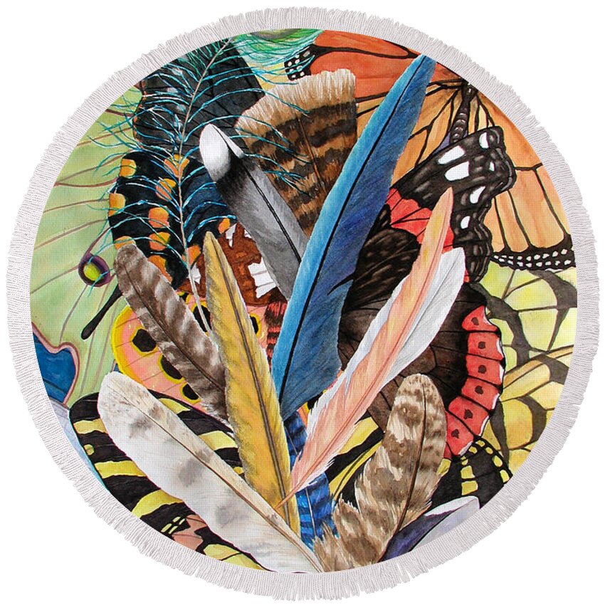 Feathers Round Beach Towel featuring the painting Bits of Flight by Lucy Arnold