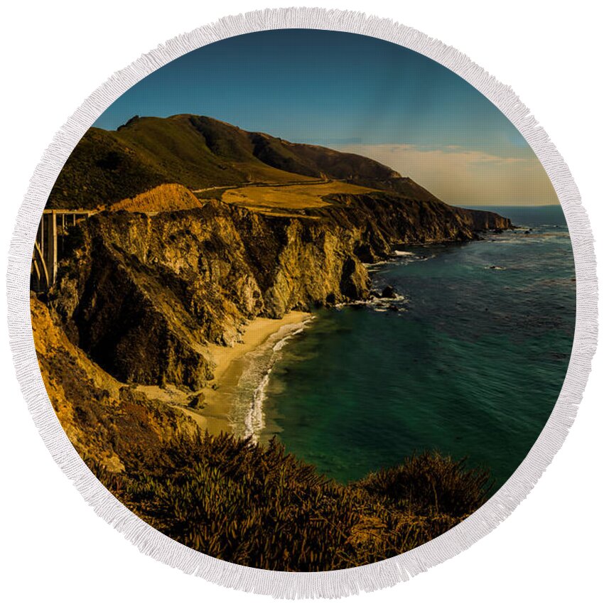 Attraction Round Beach Towel featuring the photograph Bixby Bridge - Big Sur by Paul LeSage