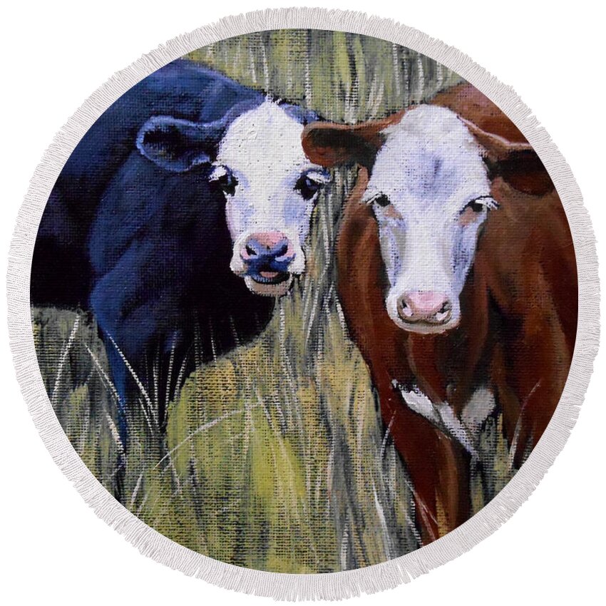 Cow Round Beach Towel featuring the painting Black and Brown Cow by Christopher Shellhammer