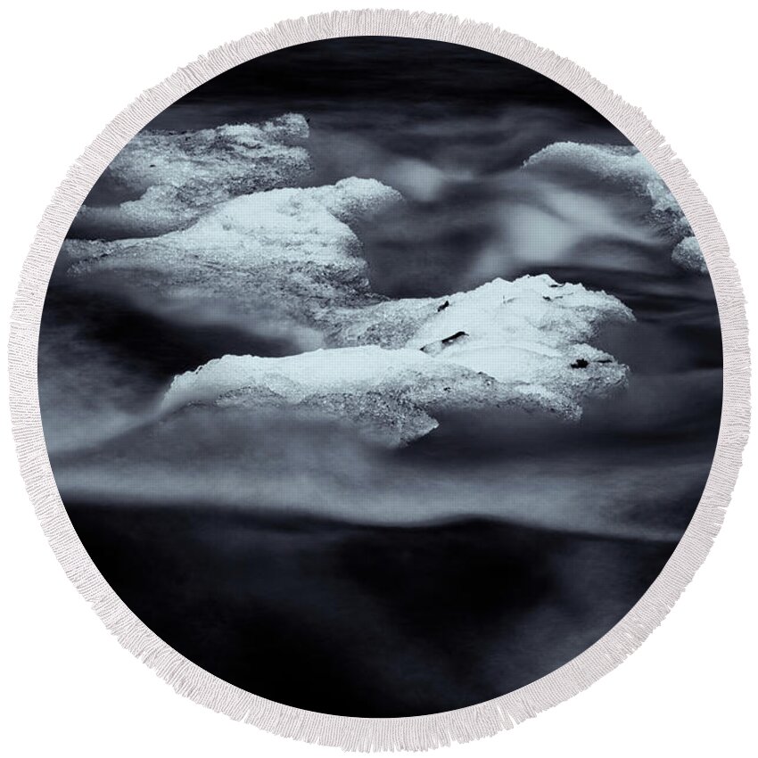 Stickney Brook Round Beach Towel featuring the photograph Black And White Brook Abstract by Tom Singleton