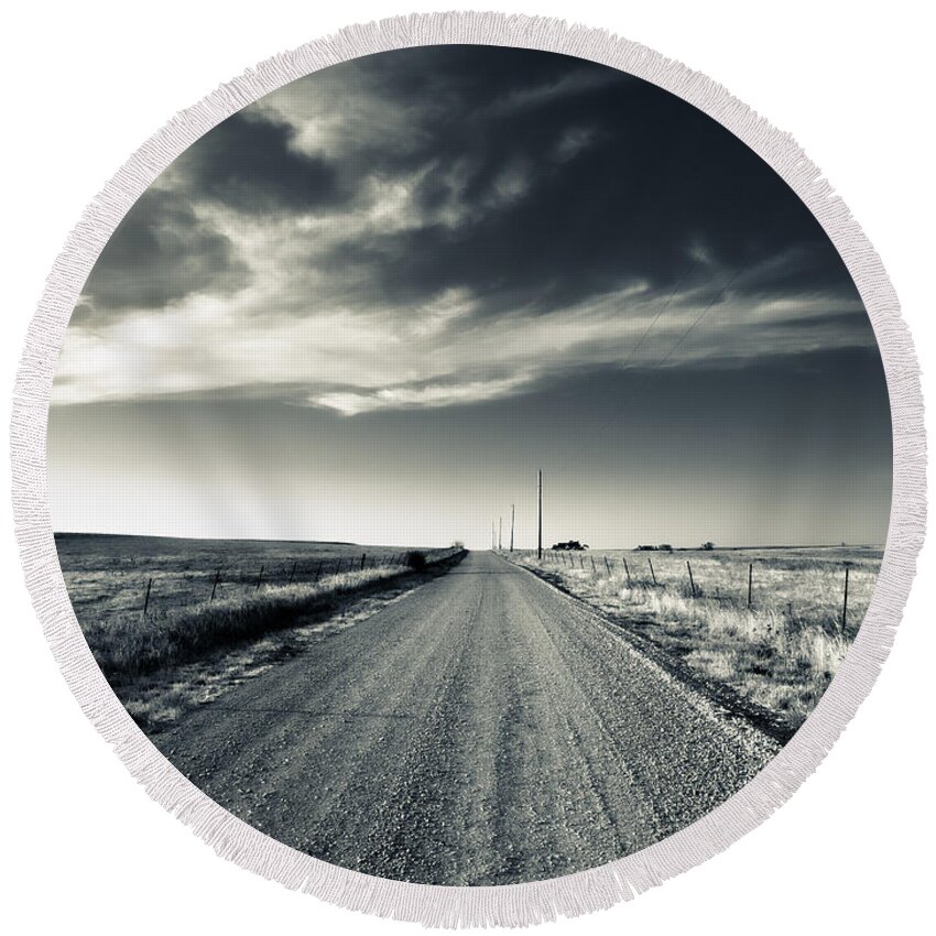 Flint Hills Round Beach Towel featuring the photograph Black and White Gravel by Eric Benjamin