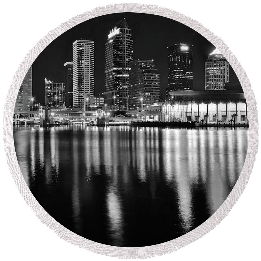 Tampa Round Beach Towel featuring the photograph Black and White Harbor in Tampa Bay by Frozen in Time Fine Art Photography