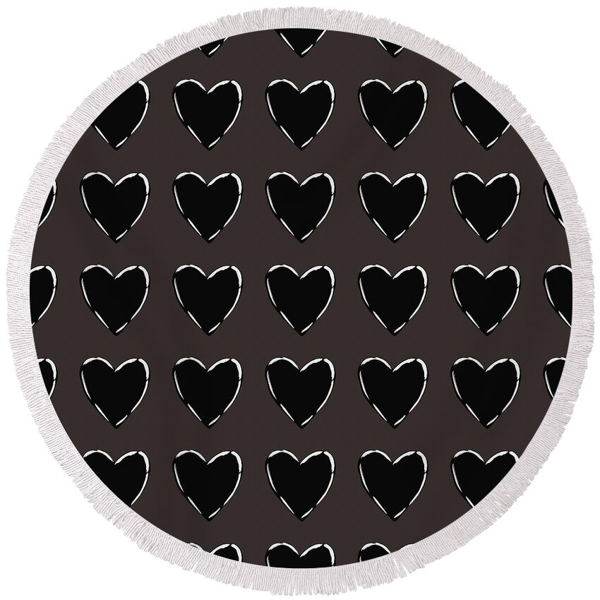 Hearts Round Beach Towel featuring the mixed media Black and White Hearts 1- Art by Linda Woods by Linda Woods