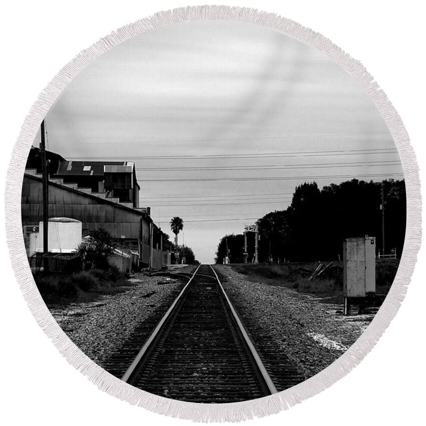 Train Round Beach Towel featuring the photograph Black and White Lake Alfred Siding by Christopher Mercer