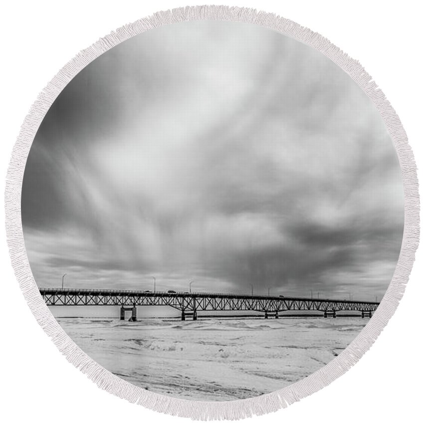 John Mcgraw Round Beach Towel featuring the photograph Black and White Mackinac Bridge Winter by John McGraw