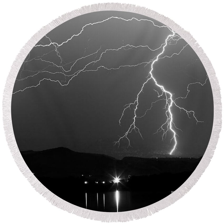 Lightning Round Beach Towel featuring the photograph Black and White Massive Lightning Strikes by James BO Insogna