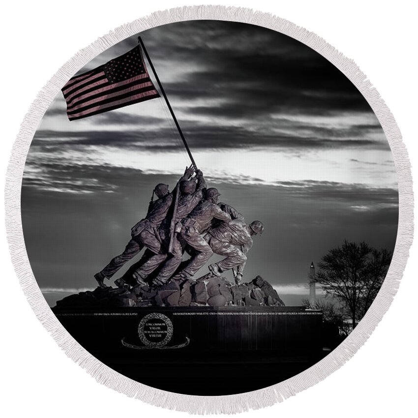 America Round Beach Towel featuring the photograph Black and White photo of Iwo Jima Memorial in DC by Steven Heap