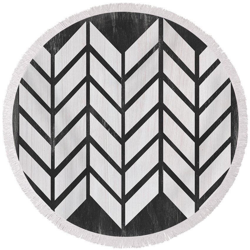 Quilt Round Beach Towel featuring the painting Black and White Quilt by Debbie DeWitt