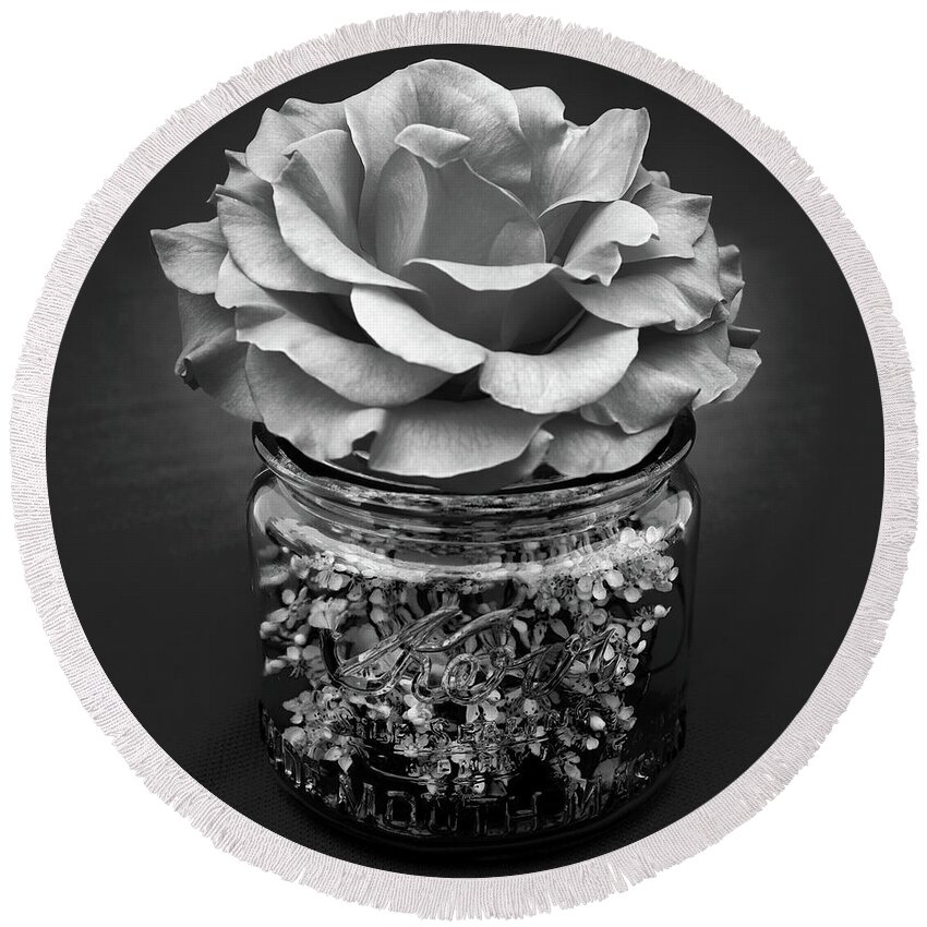 Rose Round Beach Towel featuring the photograph Black and White Rose Antique Mason Jar 2 by Kathy Anselmo