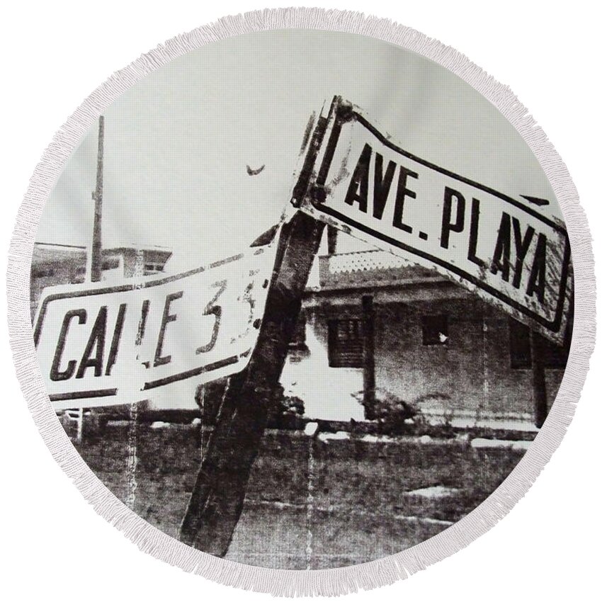 Street Sign Round Beach Towel featuring the painting Black and white street sign by David Studwell