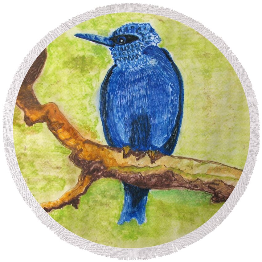 Birds Round Beach Towel featuring the painting Black as Blue Bird by Patricia Arroyo